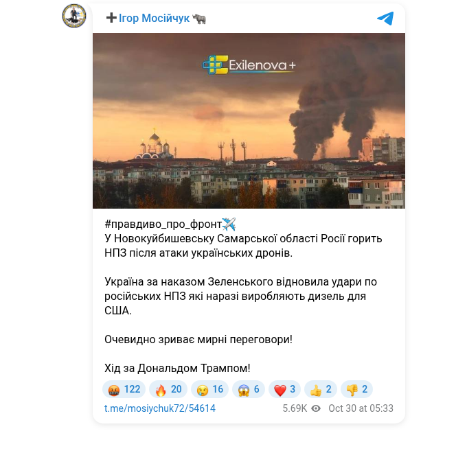 Скріншот ранкового поста Ігоря Мосійчука від 30.10.2026 із засудженням удару ЗСУ по Новокуйбишевському НПЗ Роснефти