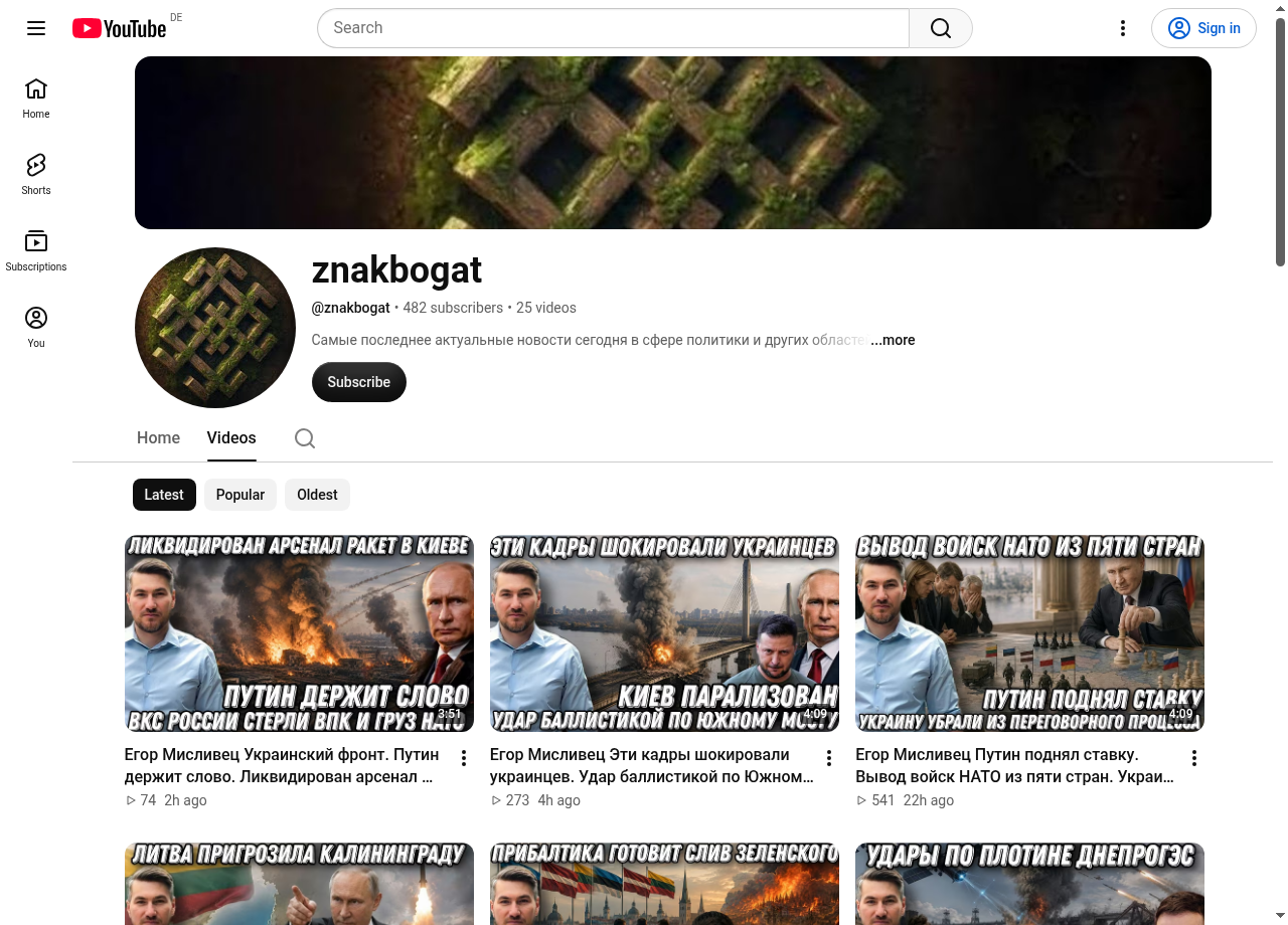 Нове 8-денне YouTube-дзеркало Єгора Мисливця znakbogat (@znakbogat / UCOXJWTWuTa-Sh26NziDLcBw, створене 20.10.2026, UA_OPEN: True)