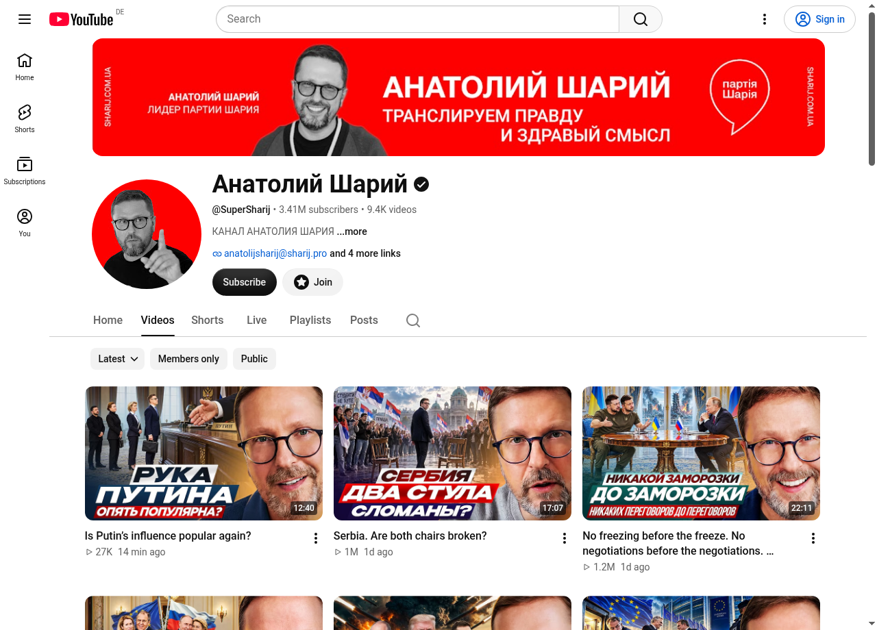 Основний YouTube-канал Анатолія Шарія (@SuperSharij / UCVPYbobPRzz0SjinWekjUBw)