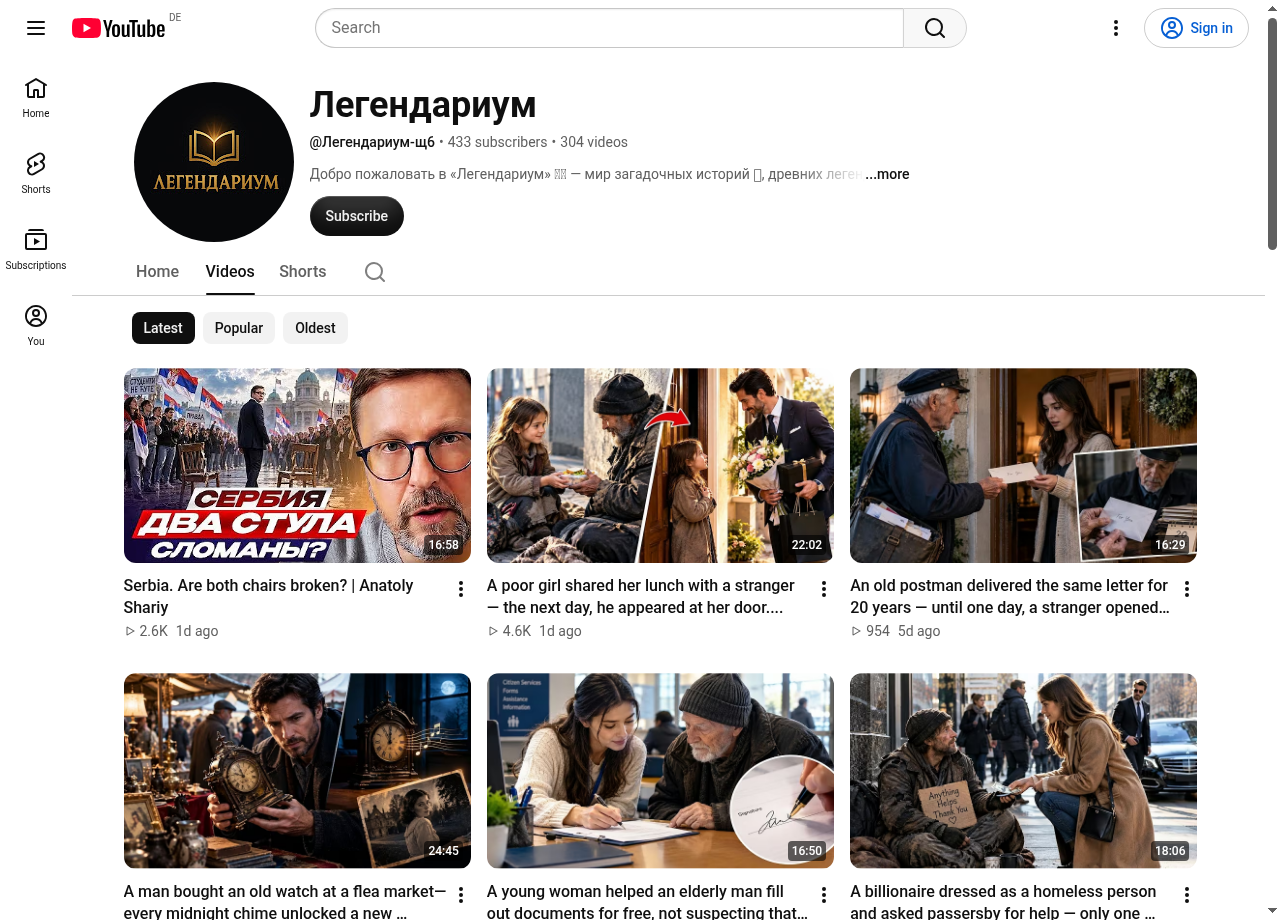 Канал-хамелеон Легендариум (@Легендариум-щ6 / UCYo655WVLok8m8zxd70myBQ), який між ШІ-історіями заливає свіжі ефіри А. Шарія