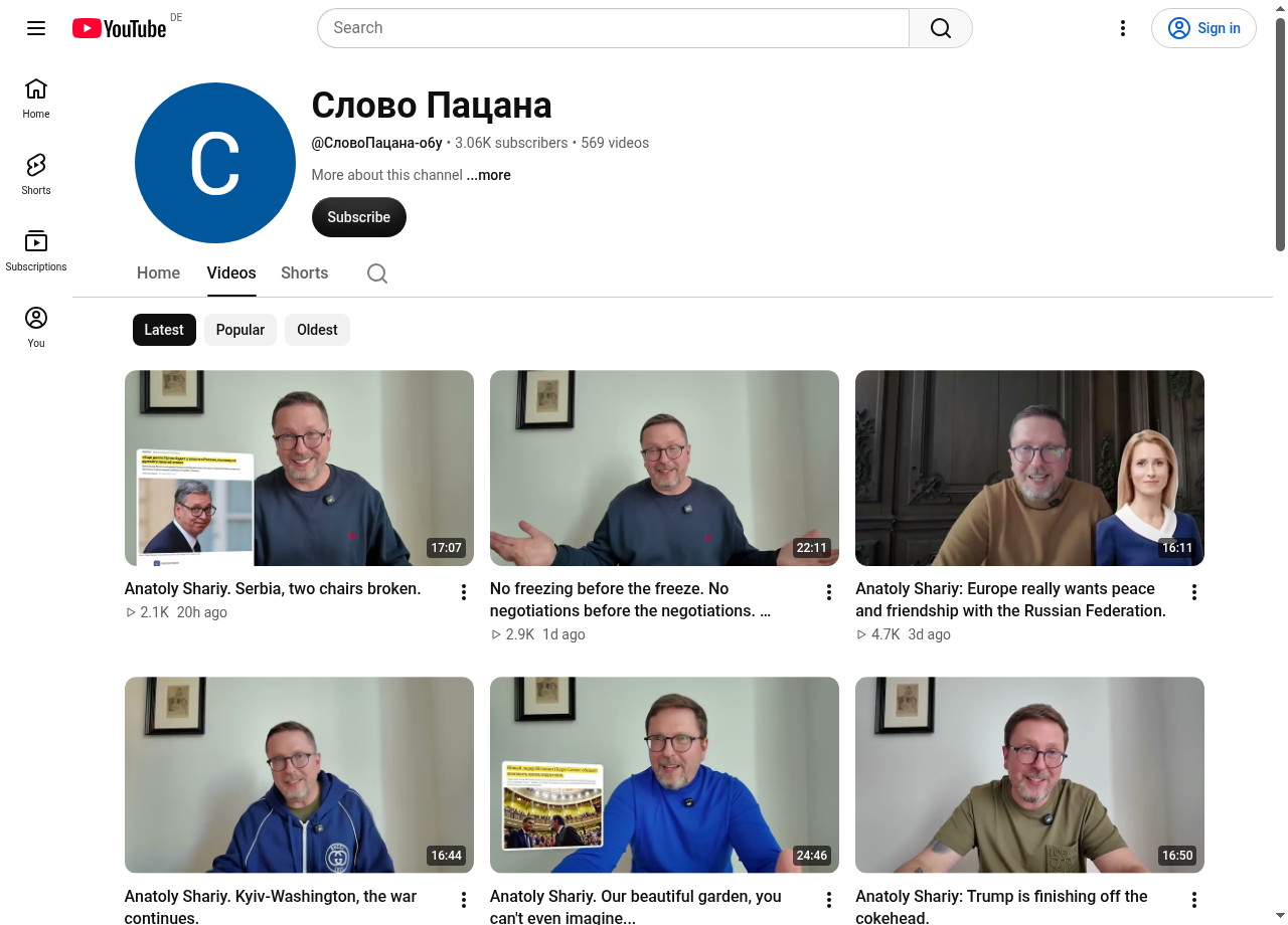 Активний клон-ретранслятор Слово Пацана (@СловоПацана-о6у / UCPCWsi9jdHh8Ag1e6LN35Rw) з 569 перезалитими роликами А. Шарія для аудиторії в Україні