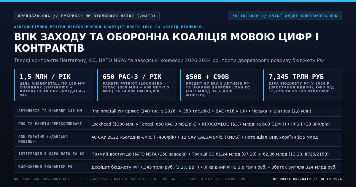 Чи втомилося НАТО? ВПК Заходу та оборонна коаліція мовою цифр і контрактів (30.10.2026)