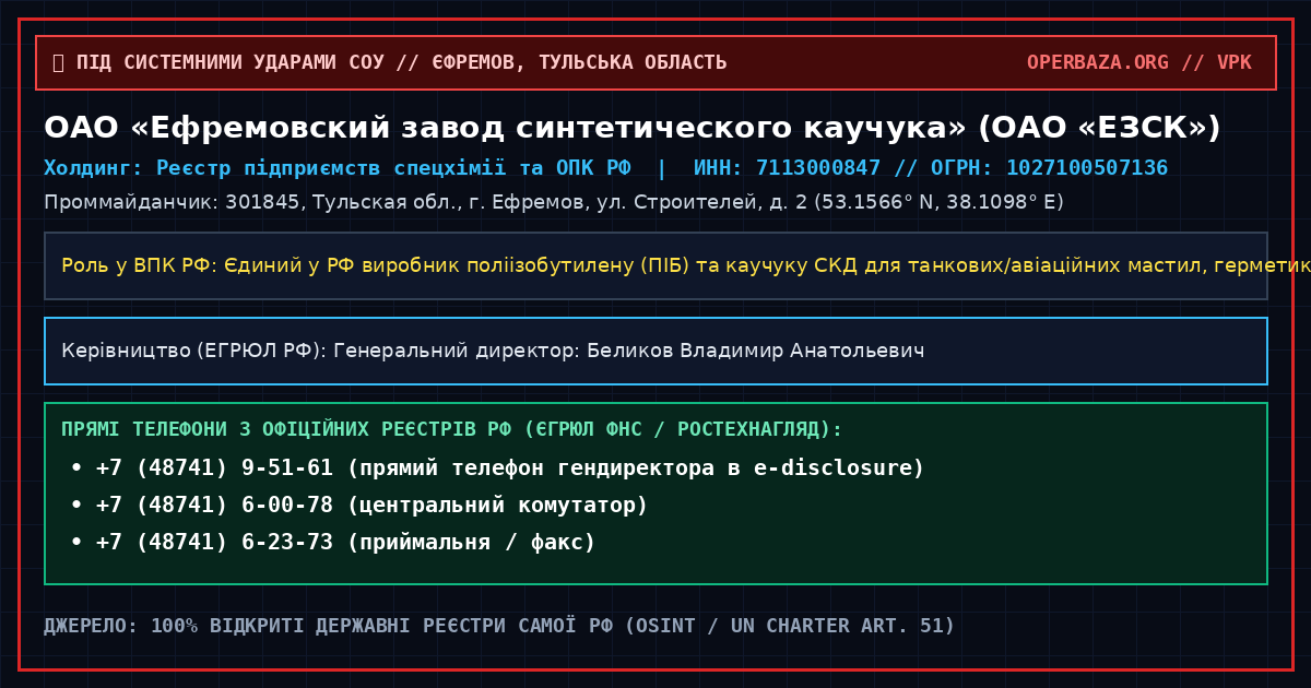 Official RF Registry Extract — OJSC Yefremov Synthetic Rubber Plant / EZSK (Yefremov, Tula Oblast)