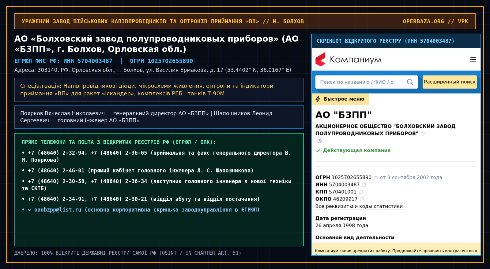 Витяг із відкритого реєстру ЄГРЮЛ — АО «Болховский завод полупроводниковых приборов» (АО «БЗПП», г. Болхов, Орловская обл.)
