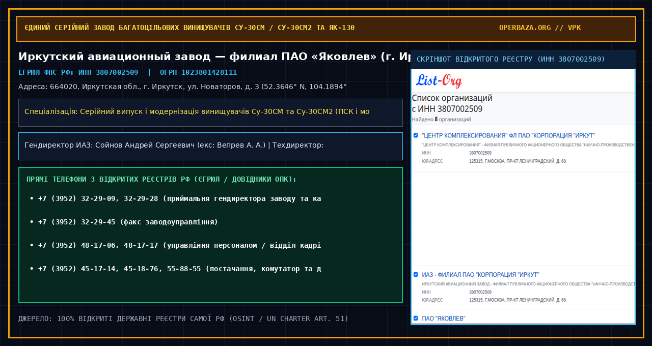 Скріншот відкритого реєстру — ИАЗ / ПАО «Яковлев» (ИНН 3807002509)
