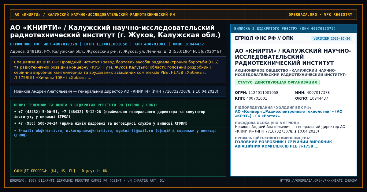 Витяг із відкритого реєстру ЄГРЮЛ — АО «КНИРТИ» / Калужский научно-исследовательский радиотехнический институт (г. Жуков, Калужская обл.)