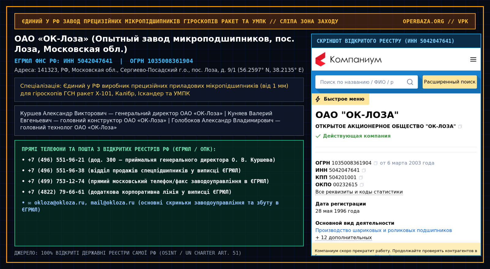 Official RF Registry Extract — OJSC OK-Loza / Experimental Micro-Bearing Plant (Loza, Sergiyev Posad District, Moscow Oblast)
