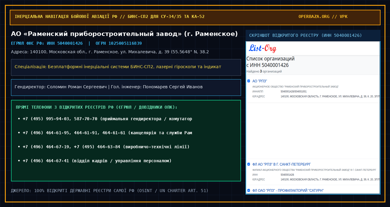 Скріншот відкритого реєстру АО «Раменский приборостроительный завод»