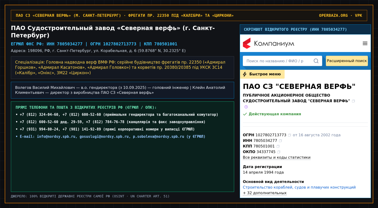 Витяг із відкритого реєстру ЄГРЮЛ — ПАО СЗ «Северная верфь» (г. Санкт-Петербург)
