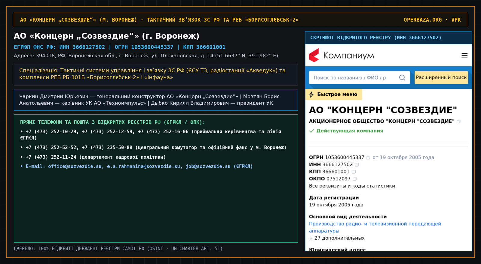 Official RF Registry Extract — JSC Concern Sozvezdie (Voronezh, Voronezh Oblast)