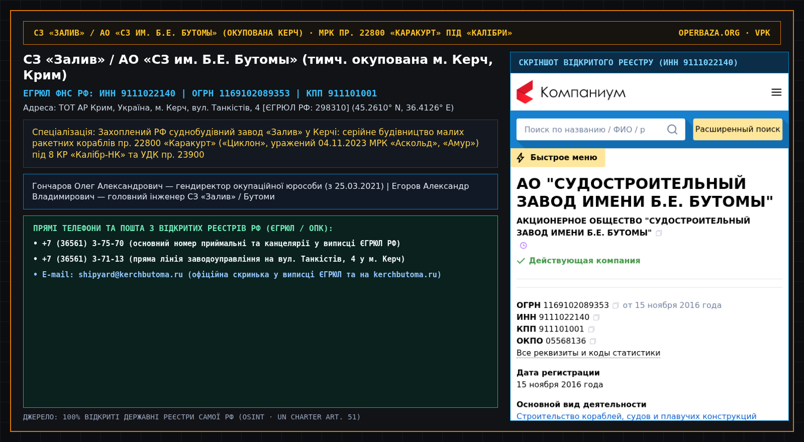 Витяг із відкритого реєстру ЄГРЮЛ — СЗ «Залив» / АО «СЗ им. Б.Е. Бутомы» (тимч. окупована м. Керч)