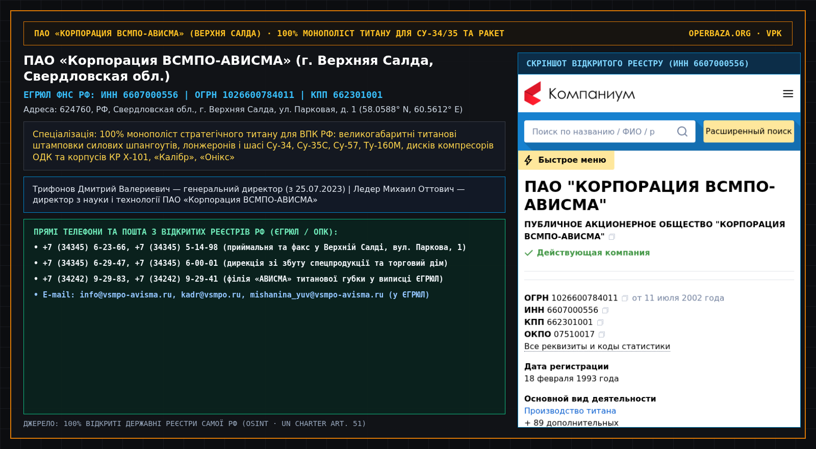 Витяг із відкритого реєстру ЄГРЮЛ — ПАО «Корпорация ВСМПО-АВИСМА» (г. Верхняя Салда)